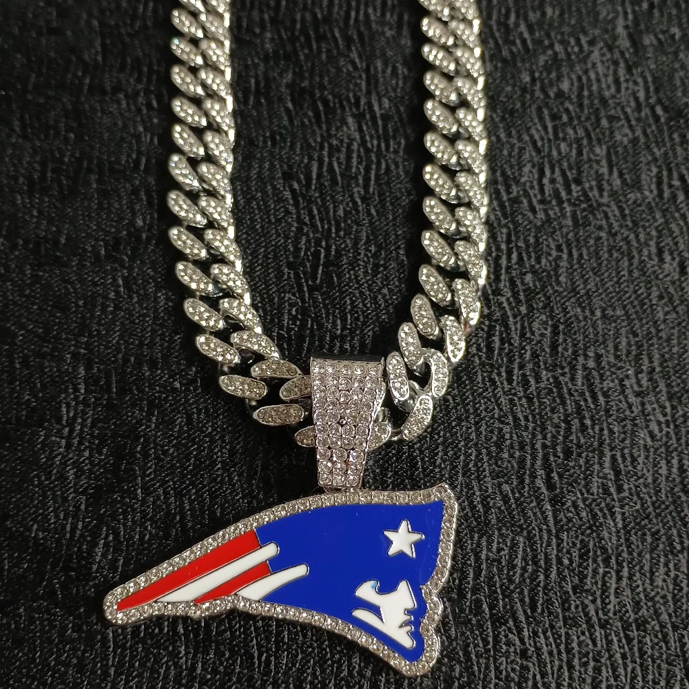 New England Patriots Necklace Pendant Cuban Chain Link Football NFL Jewelry